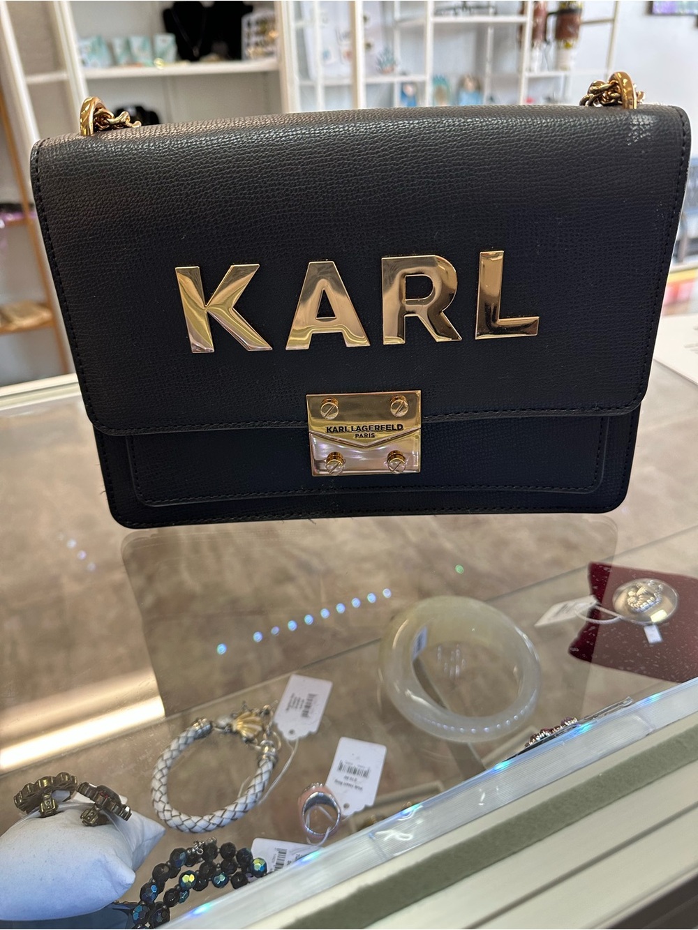 Karl Lagerfeld Black Leather Crossbody with Gold Logo